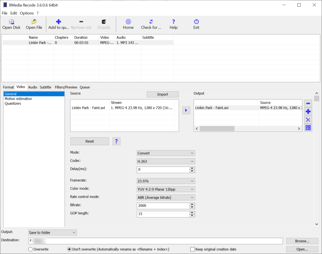 XMedia Recode Video properties