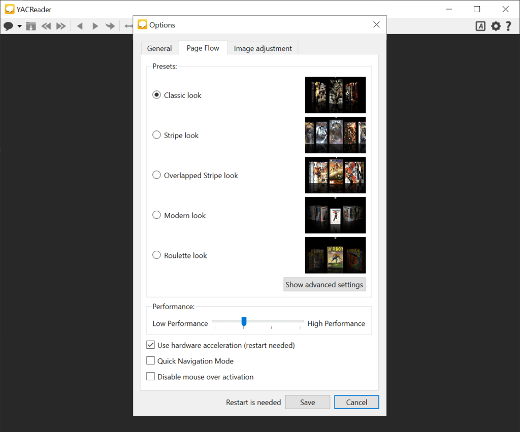 YACReader Page flow modes