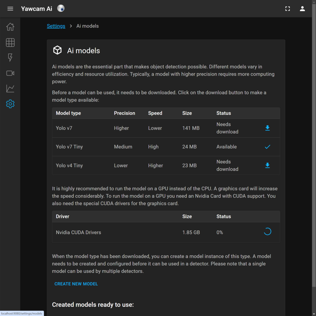 Yawcam Supported AI models